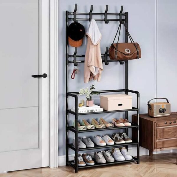 Sturdy 4-tier shoes rack with hooks and connectors.