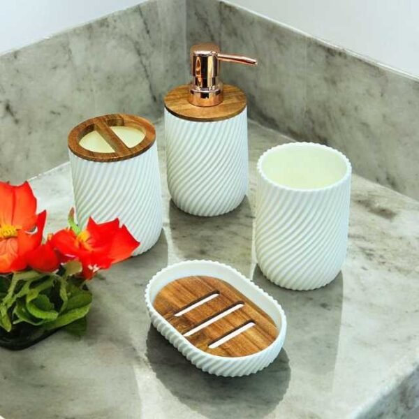 Bathroom soap dispenser set in white and gold, 4-piece set with toothbrush and soap holder, cup and soap dispenser.