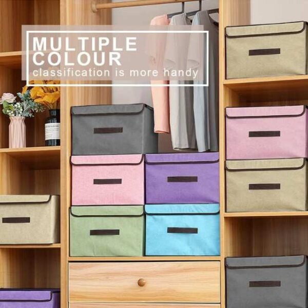 Collapsible storage bin available in beige grey and green for easy classification.