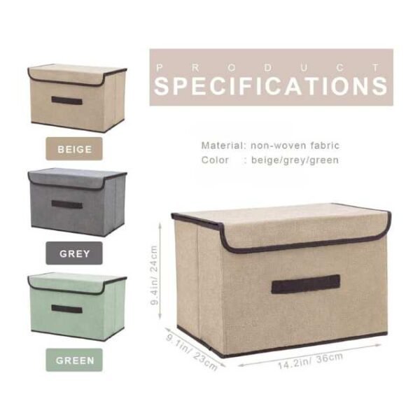 Collapsible storage bin specifications including non-woven fabric and dimensions.