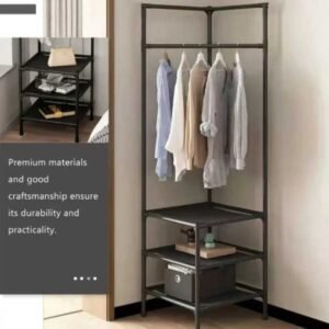 Corner Clothes Rack, Metal Hanger With 3 Shoe Storage Shelves