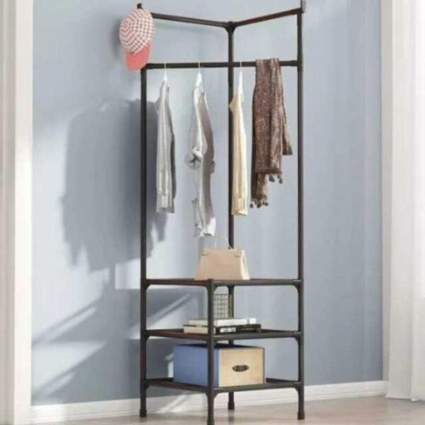Corner clothes rack for bedroom and living room storage.
