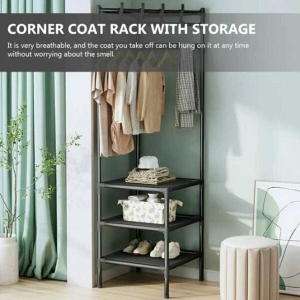 Corner clothes rack with hooks and non-slip shelves for hanging clothes.
