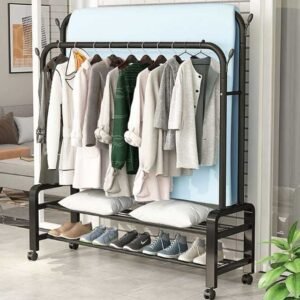 Double Pole Clothes Stand with Coat Hangers, Shoes Rack