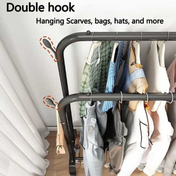 Double pole clothes stand with side hooks.