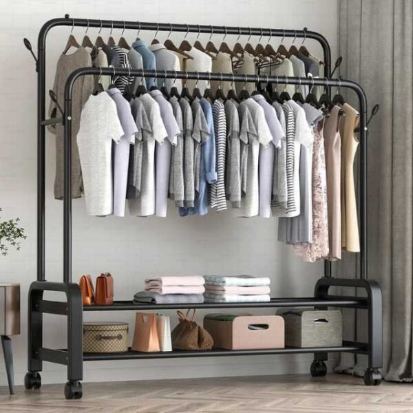 Double pole clothes stand with garment rack.