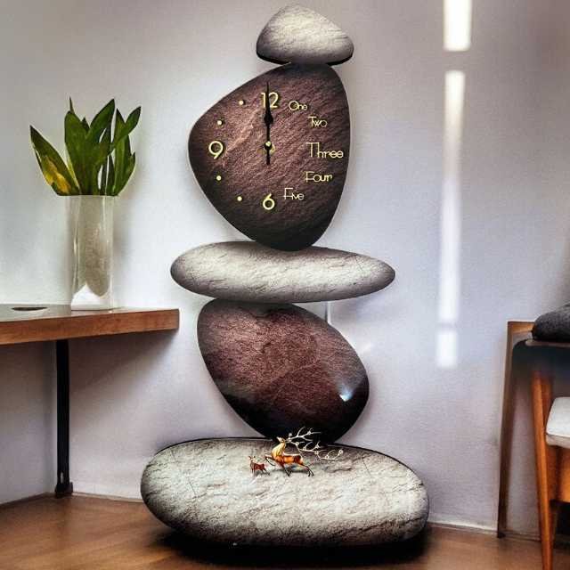 Harmony stone décor clock with synthetic river-washed stones.