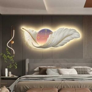 Modern Feather Wall Clock, Luxury LED Décor Clock