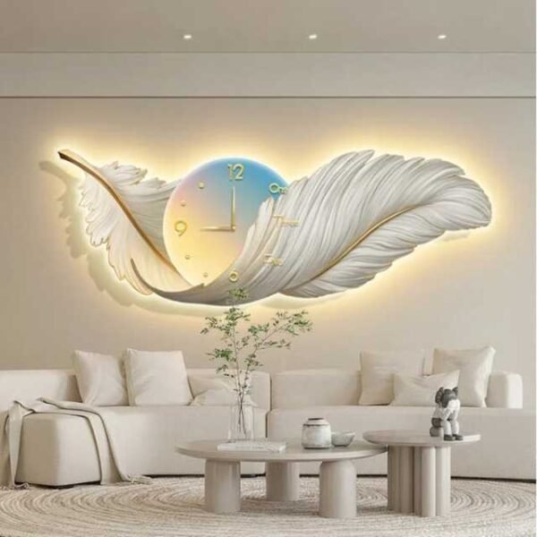Modern feather wall clock in white illuminating bedroom.