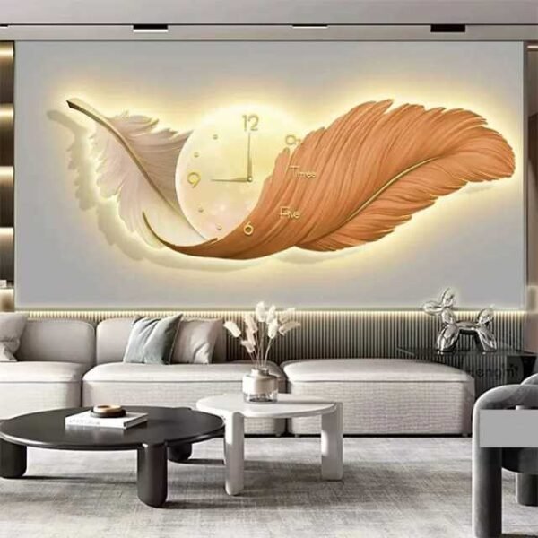 Warm brown modern feather wall clock in living room.