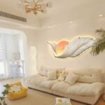 Pure white modern feather wall clock in living room.
