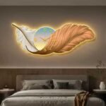 Luxurious brown modern feather wall clock with LED lights.