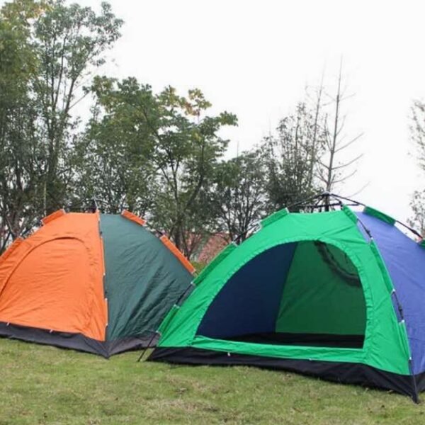 Portable camping tents showcasing various colors and sizes.