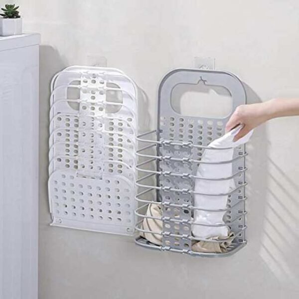 Portable laundry baskets in white and grey mounted on the wall.