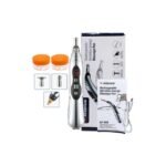 Pulse massage pen with 2 interchangeable heads, mini gel jars, and USB charger.