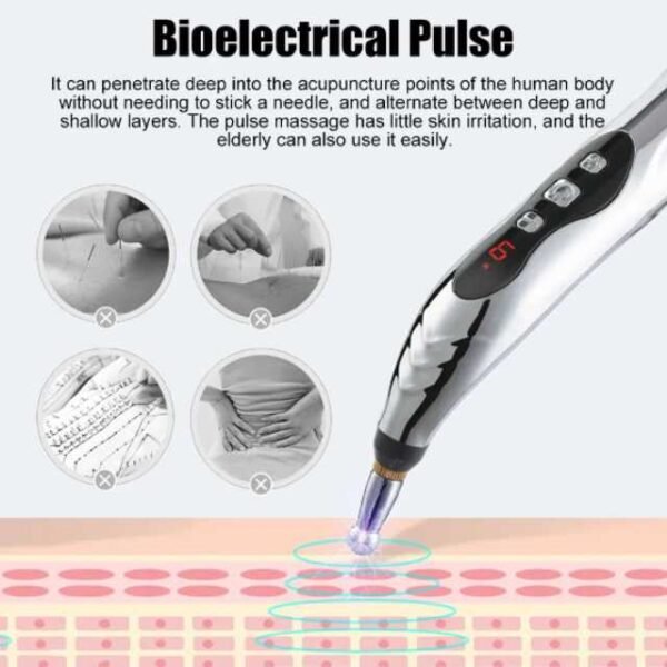 Pulse massage pen with bioelectrical pulses for acupuncture point targeting.