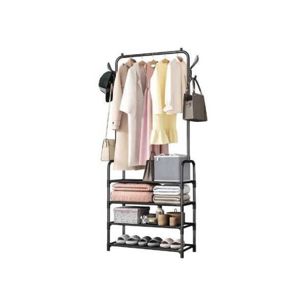Black single pole clothes rack with 5 shoe shelves and side coat hangers.