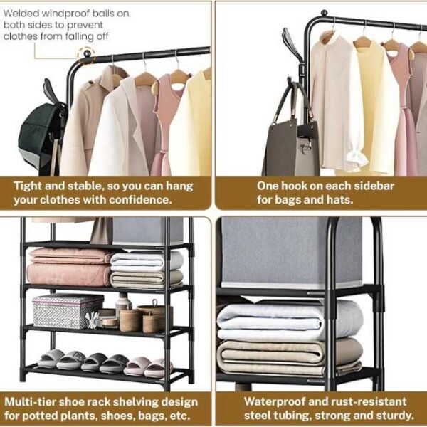 Single pole clothes rack with side coat hooks and rust-resistant metal tubing.