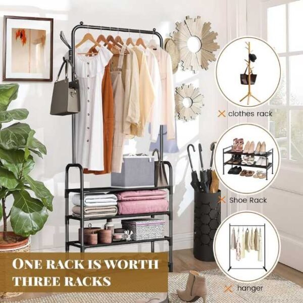 Multifunctional single pole clothes rack with coat hanger and shoe shelves.