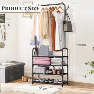 Single Pole Clothes Rack with 5 Shoe Shelves and Coat Hangers