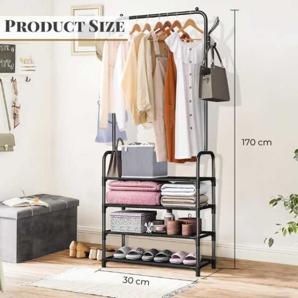 Compact and portable single pole clothes rack with 5 shoe shelves, 170cm height.