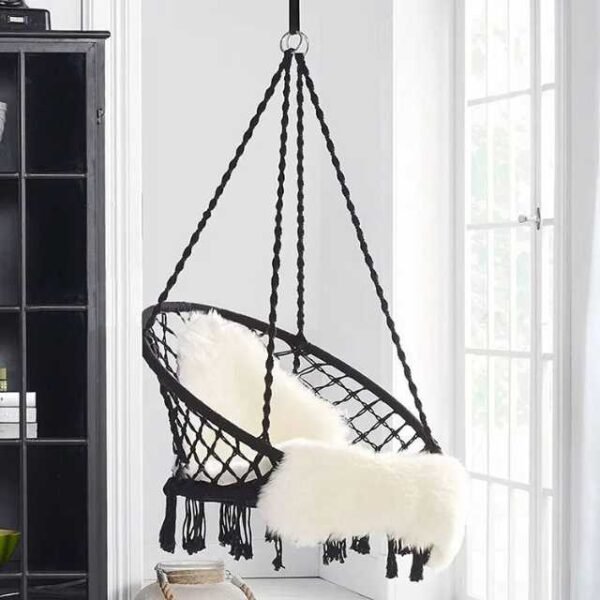 Black indoor swing hammock chair with breathable mesh.