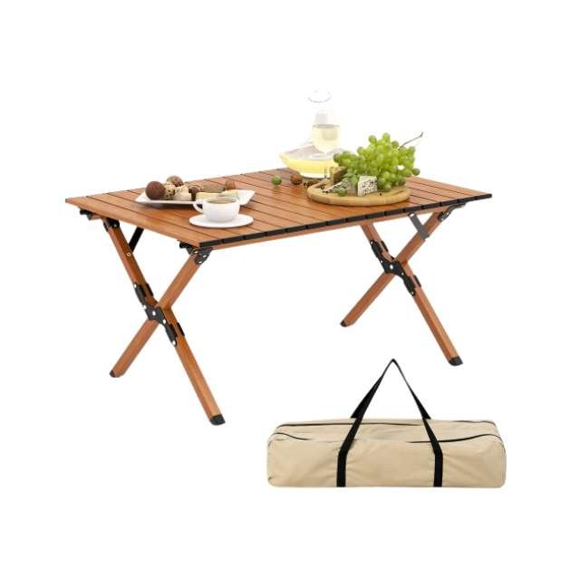 Aluminum camping table with carry case on white background for picnics and outdoor dining.