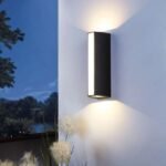 Outdoor wall lights with aluminum body and warm 3000k light.