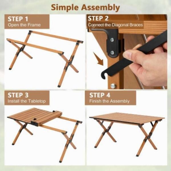Easy assembly of aluminum camping table in four simple steps.