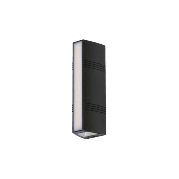 Modern black outdoor wall light with three-sided warm light emission.