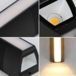 Close-up of black aluminum outdoor wall light with LED lights.