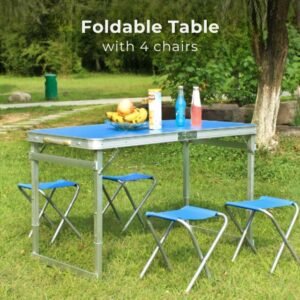 Picnic Table Set, Height-Adjustable Camping Table with 4 Chairs