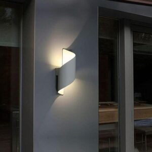 Spiral wall lamp illuminating outdoor space night bright light