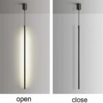 Before and after view of the modern pendant light lit and unlit.