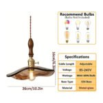 Technical details of a vintage pendant light, including measurements and materials.