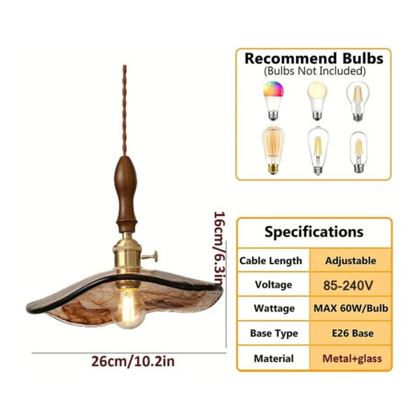 Technical details of a vintage pendant light, including measurements and materials.