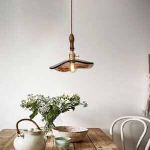 Vintage Pendant Light, Amber Glass Hanging Lamp, Walnut Fittings