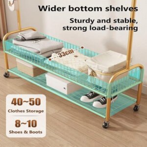 Golden Clothes Rack with Shoe Storage, Shelves & Side Hooks