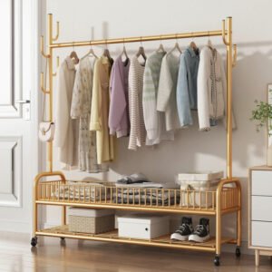 Golden garment hanger with neatly stored clothes and storage shelves.