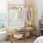 Golden coat rack with durable powdered carbon steel finish.