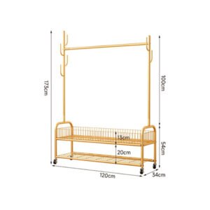 Golden Clothes Rack with Shoe Storage, Shelves & Side Hooks