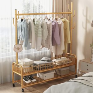 Golden Clothes Rack with Shoe Storage, Shelves & Side Hooks