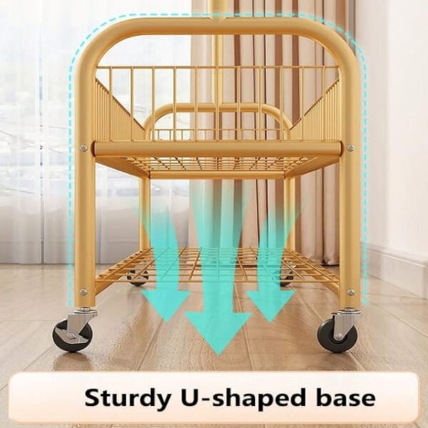 Golden clothes rack with 2 lower storage shelves in a U-shaped design.