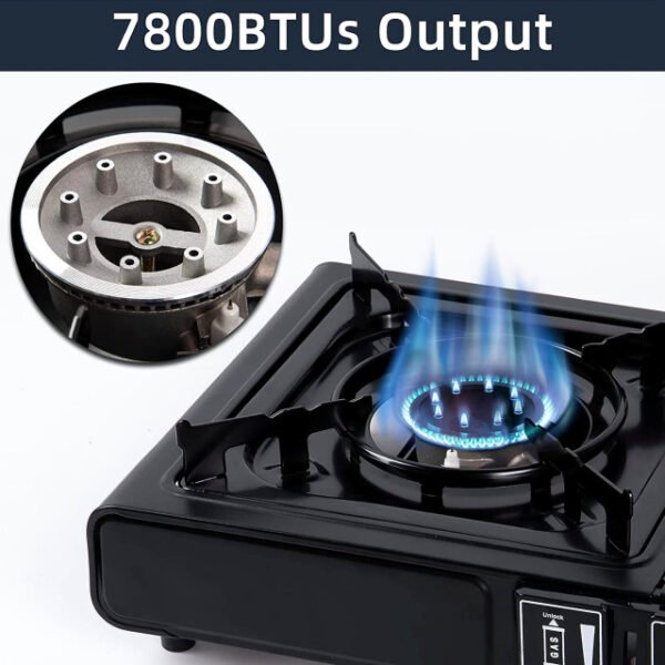 Portable gas stove for camping with 7800BTU heating output.