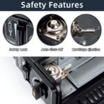 Portable gas stove for camping with safety lock, auto shut-off, and cartridge ejection.