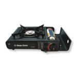 Portable gas stove for camping with standard 8oz butane bottle.
