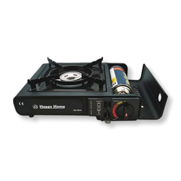 Portable gas stove for camping with standard 8oz butane bottle.