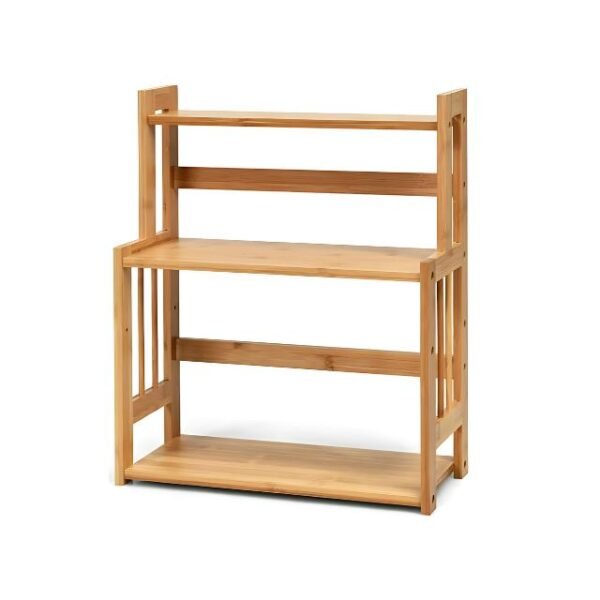 Large 3-tier bamboo spice rack for organizing spices, jars, and condiments.