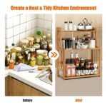 Before and after kitchen transformation with 3-tier bamboo spice rack.