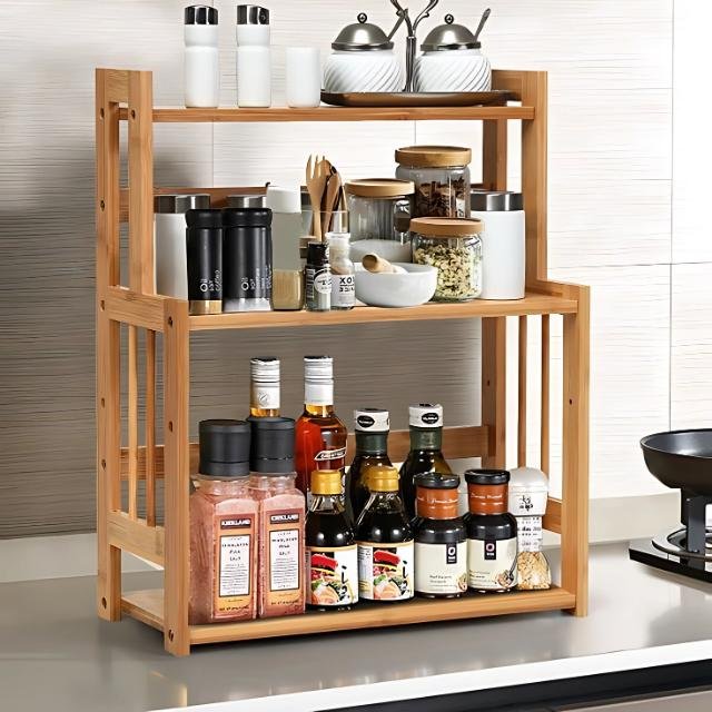 3-tier bamboo spice rack on kitchen counter with spices and condiments.